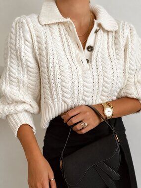 Zara Cropped Cable Knit Polo Sweater w/ Jeweled Buttons